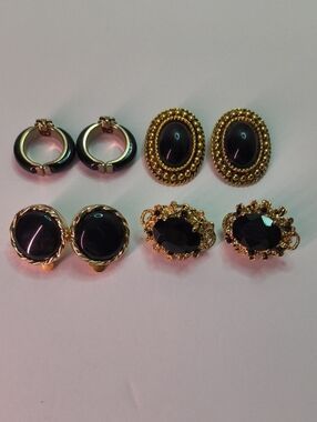 VTG Clip On Classic Black and Gold Women's Earrings Set - 4 Pairs